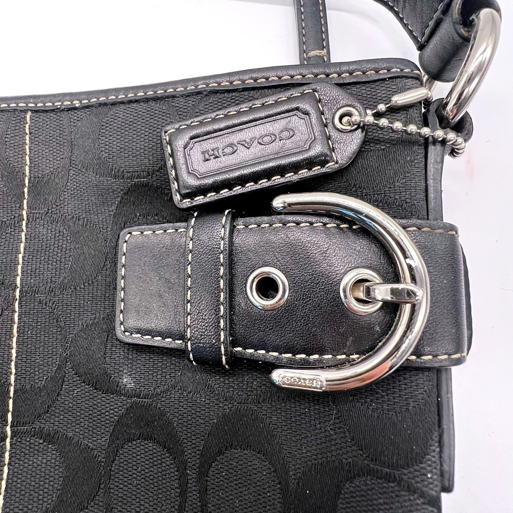 Coach Signature Jacquard Black Fabric‎ With Leather Shoulder Bag Hobo J05M-3577 - Picture 5 of 13